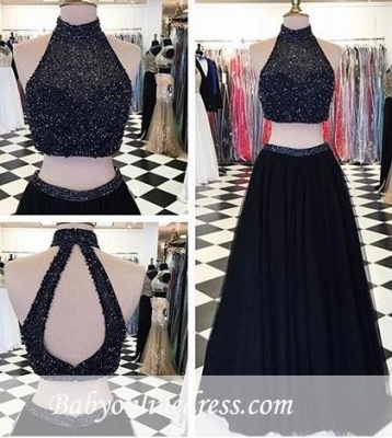 2018 Two-Piece Black Long High-Neck A-line Prom Dresses with Beadings_3