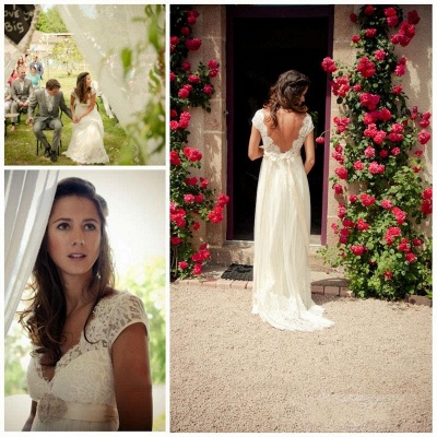 Lace A-line Wedding Dress V Neck Open Back Tropical Elegant Bridal Gowns_3