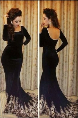 Black Velvet Arabic Mermaid Evening Gowns Long Sleeves Lace Applique Prom Dresses_1
