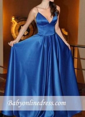 Shiny A-line Blue Simple Evening Gowns Spaghettis-Straps V-neck Prom Dresses_3