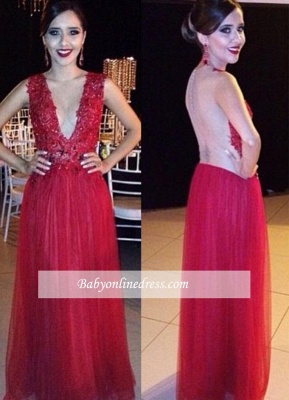 New Arrival Red Appliques V-Neck Prom Dress Tulle Floor-length Evening Gowns_1