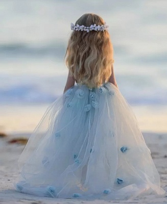 Romantic Princess Flower Girl's Dresses | Light Sky Blue Ball Gown Long Girl's Party Dress_7