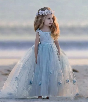 Romantic Princess Flower Girl's Dresses | Light Sky Blue Ball Gown Long Girl's Party Dress_5