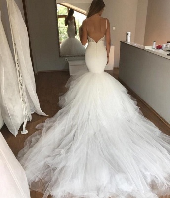 Sexy Sleeveless Mermaid Wedding Dresses | Spaghettis Straps Backless Tulle Bridal Gowns_3