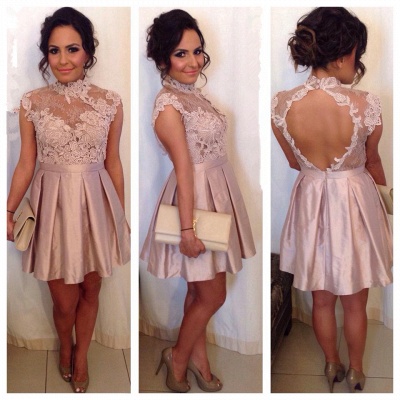 High Neck Cocktail Dresses Lace Appliques Pink Short Homecoming Dress_3