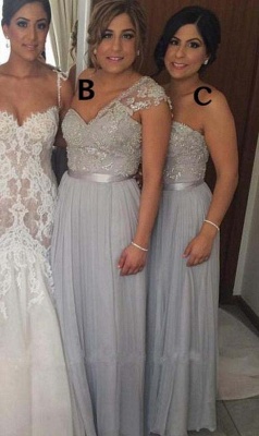 Silver Beaded Chiffon Bridesmaid Dresses Ruched Floor Length A-line Wedding Party Dresses_1