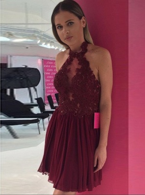 Halter Lace Appliques Chiffon A-Line Sexy Burgundy Short Homecoming Dresses_1