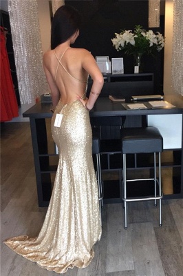 Sequins Mermaid Prom Dresses Sweetheart Spaghettis Straps Backless Alluring Evening Gowns_4