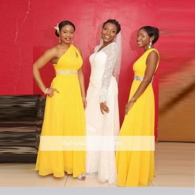A-line One-Shoulder Beads Modern Chiffon Yellow Bridesmaid Dress_1
