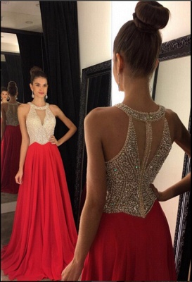 Red Chiffon Prom Dresses Halter V Neck Sleeveless Beading Long A-line Evening Gowns_2