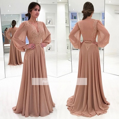 Elegant Puffy Sleeves Evening Gowns | Champagne V-Neck Chiffon A-line Prom Dresses_3
