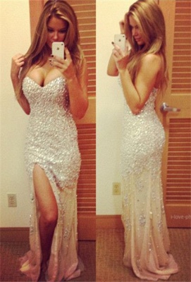 New Arrival Sweetheart Beadings Evening Dresses Side Slit Sweep Train Prom Gowns_1