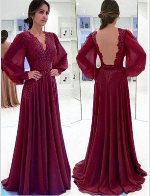 Elegant Puffy Sleeves Evening Gowns | Champagne V-Neck Chiffon A-line Prom Dresses_4
