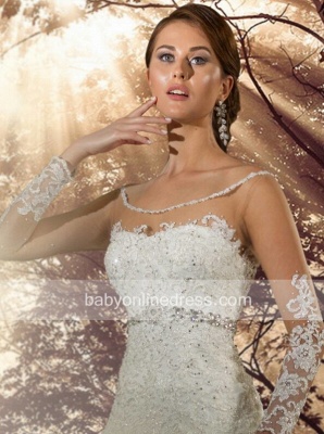 Long Sleeve Appliques Beadings Princess Bridal Gowns Court Train Modest Wedding Dresses_3