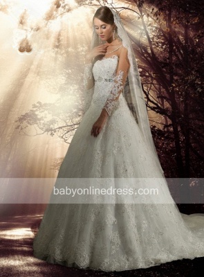 Long Sleeve Appliques Beadings Princess Bridal Gowns Court Train Modest Wedding Dresses_1