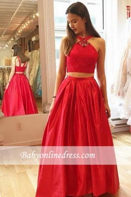 Halter Glamorous Crystal A-Line Two-Pieces Red Prom Dresses_1