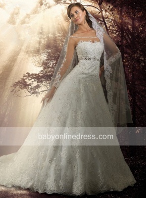 Long Sleeve Appliques Beadings Princess Bridal Gowns Court Train Modest Wedding Dresses_5