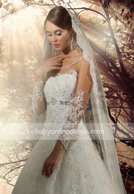 Long Sleeve Appliques Beadings Princess Bridal Gowns Court Train Modest Wedding Dresses_2