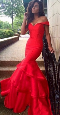 Red Mermaid Prom Dresses Off the Shoulder Tiers Ruffles Train Sexy Formal Evening Gowns_1