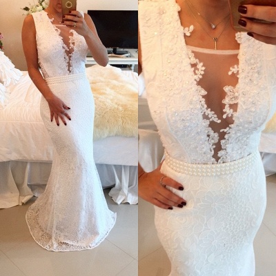 White Lace Beaded Prom Dresses Sleeveless Mermaid Appliques Evening Gowns_2