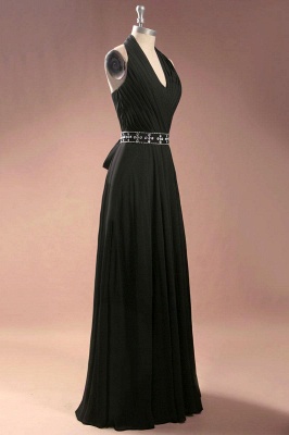 Simple Black Halter Chiffon Prom Dresses Ruffles Floor Length Crystal A-Line Evening Gowns_6