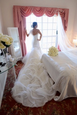 Sweetheart Neck Lace Beaded Flowers Ruffles Mermaid Wedding Dresses with Detachable Train_3