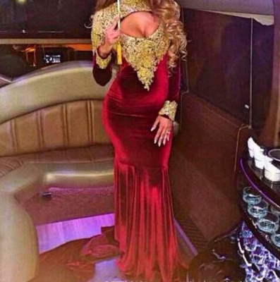Mermaid Prom Dresses High Neck Long Sleeves Gold Appliques Velvet Long Evening Gowns_4