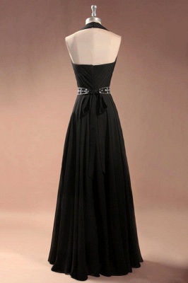 Simple Black Halter Chiffon Prom Dresses Ruffles Floor Length Crystal A-Line Evening Gowns_3