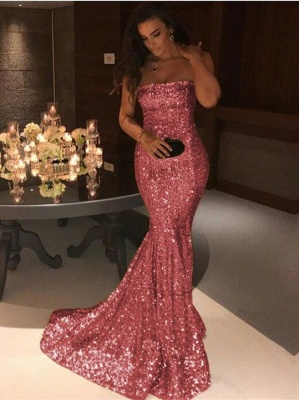 Cheap Mermaid Shining Sequins Prom Dresses 2018 Long Strapless Evening Gowns_1