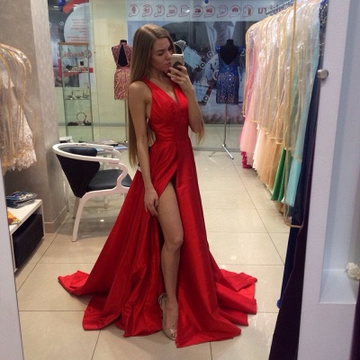 Red A-line Prom Dresses V Neck Thigh-High Slit Sexy Long Evening Gowns_3