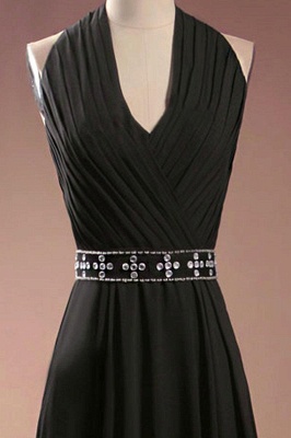 Simple Black Halter Chiffon Prom Dresses Ruffles Floor Length Crystal A-Line Evening Gowns_2