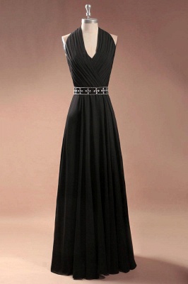 Simple Black Halter Chiffon Prom Dresses Ruffles Floor Length Crystal A-Line Evening Gowns_1