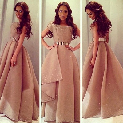 A-line Prom Dresses Beaded Ruffles Train with Gold Metal Belt Arabic Dresses Evening Gowns_3