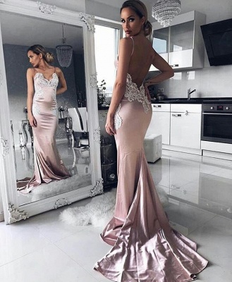 Sexy Pink Mermaid Prom Dresses | Spaghettis Straps Backless Evening Gowns_3
