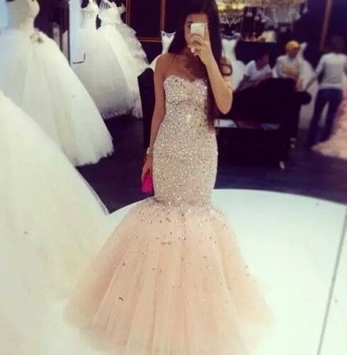 Crystals Beaded Mermaid Prom Dresses Sweetheart Neck Floor Length Luxury Pageant Dresses_3