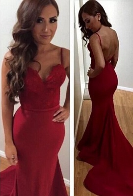 Long Mermaid Prom Dresses Spaghettis Straps Sweetheart Neck Backless Sexy Evening Gowns_1