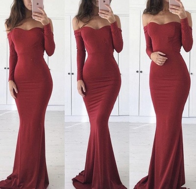 Fashion Red Sweetheart Long Sleeve Prom Dresses | Off The Shoulder Mermaid Party Dresses_3