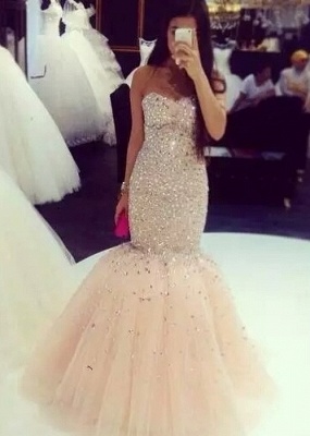 Crystals Beaded Mermaid Prom Dresses Sweetheart Neck Floor Length Luxury Pageant Dresses_1