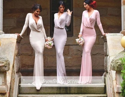 Elegant Long Sleeves V-neck Sheath Floor-length Bridesmaid Dress_1