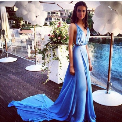 Sky Blue Deep V Neck Prom Dresses | Side Split Backless Chiffon Evening Gowns_2