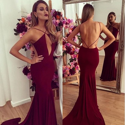 Burgundy Mermaid Prom Dresses Spaghettis Straps Keyhole Neck Backless Sexy Evening Gowns_3