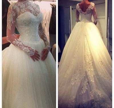High Neck Top Lace Appliques Beads Crystal Tulle Court Train Long Sleeves Bridal Gowns_3