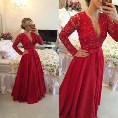 Red Long Sleeves Prom Dresses V Neck Lace A-line Stunning Evening Gowns_6