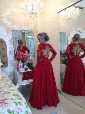 Red Long Sleeves Prom Dresses V Neck Lace A-line Stunning Evening Gowns_4