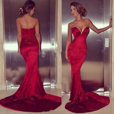 Red Low Cut Sweetheart Mermaid Prom Dresses Sexy Evening Gowns_3