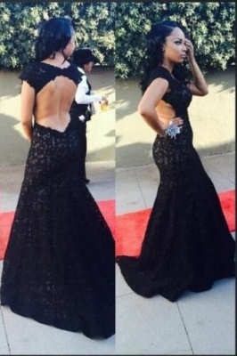 Black Lace Open Back Evening Gowns Capped Sleeves Alluring Long Mermaid Prom Dresses_2