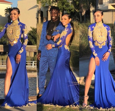 Amazing Royal Blue Prom Dresses High Neck Gold Appliques Slit Evening Gowns_3