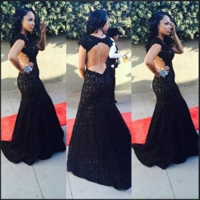 Black Lace Open Back Evening Gowns Capped Sleeves Alluring Long Mermaid Prom Dresses_3
