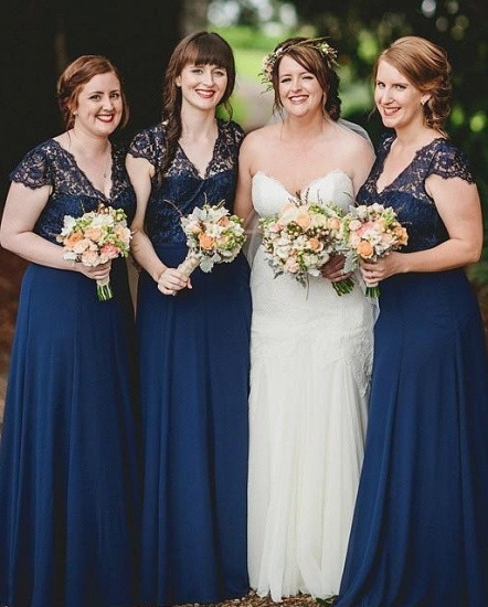 Romance Lace Chiffon Navy Blue Long Bridesmaid Dresses_2