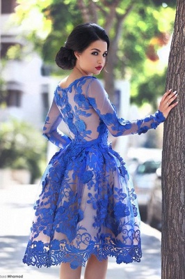 Royal Blue Short Homecoming Dresses Long Sleeves Lace Cocktail Dresses_2
